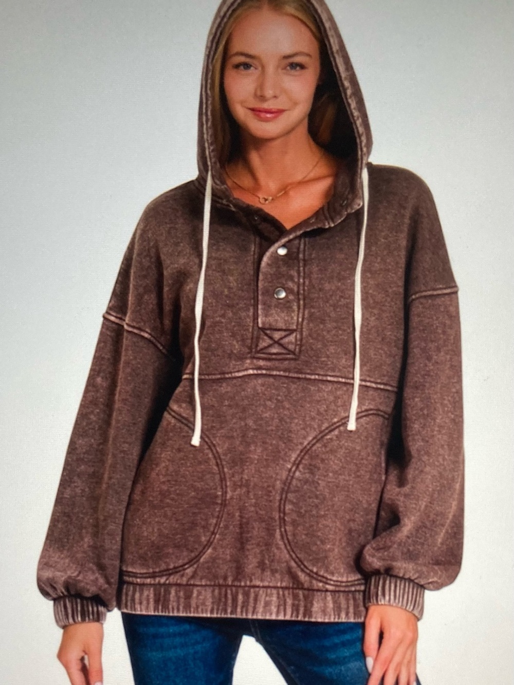 Zenana Acid Wash Brown Hooded Pullover Fleece Sweatshirt - Picture 2 of 2